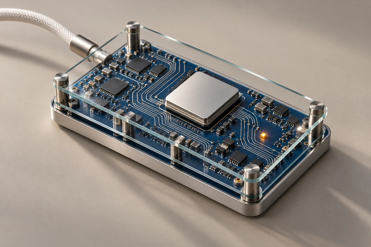 Computing module with a blue circuit board and glass cover